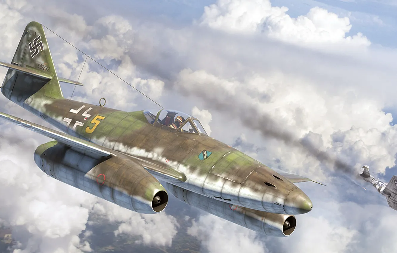Фото обои Luftwaffe, North American P-51 Mustang, Schwalbe, Messerschmitt Me.262, немецкий турбореактивный истребитель