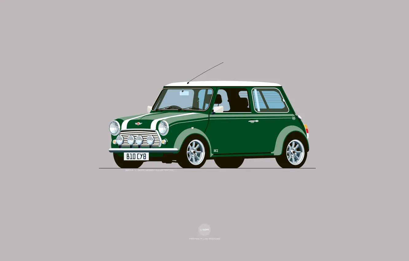 Фото обои Авто, Mini, Cooper, Минимализм, Рисунок, Зеленый, Машина, Mini Cooper