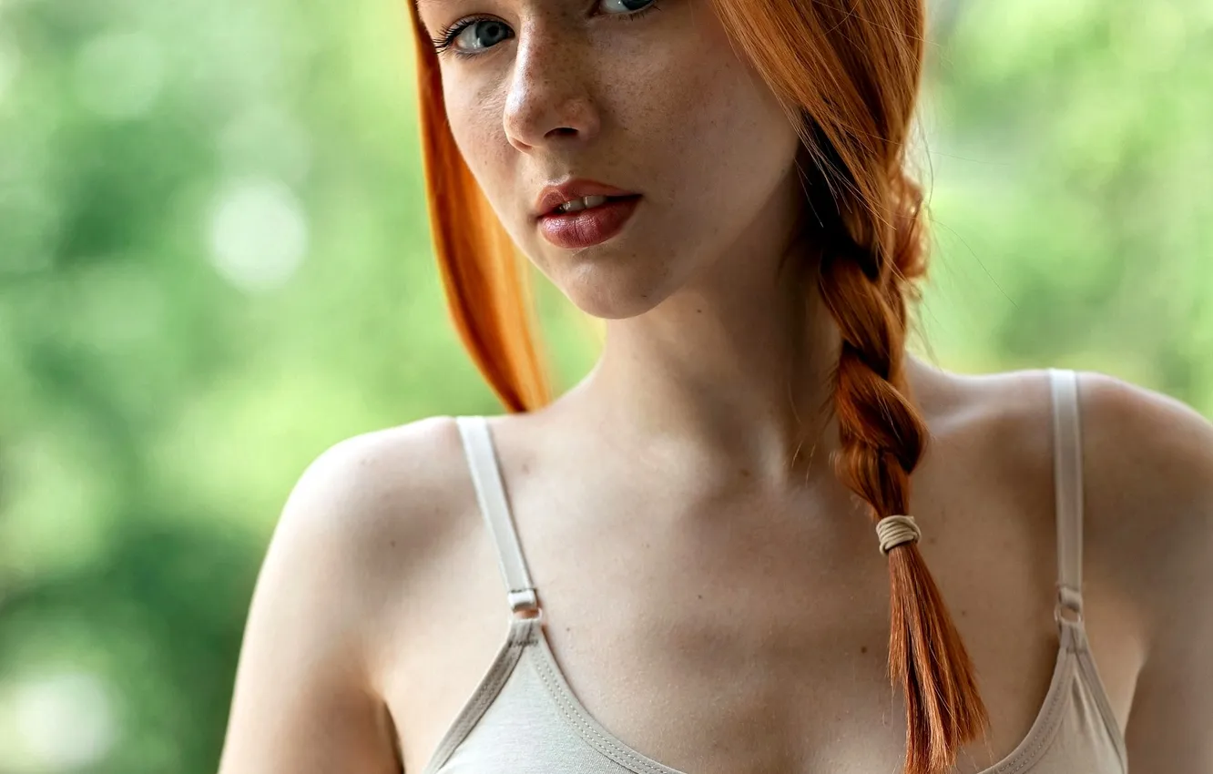 Фото обои girl, cleavage, photo, blue eyes, model, braid, redhead, portrait