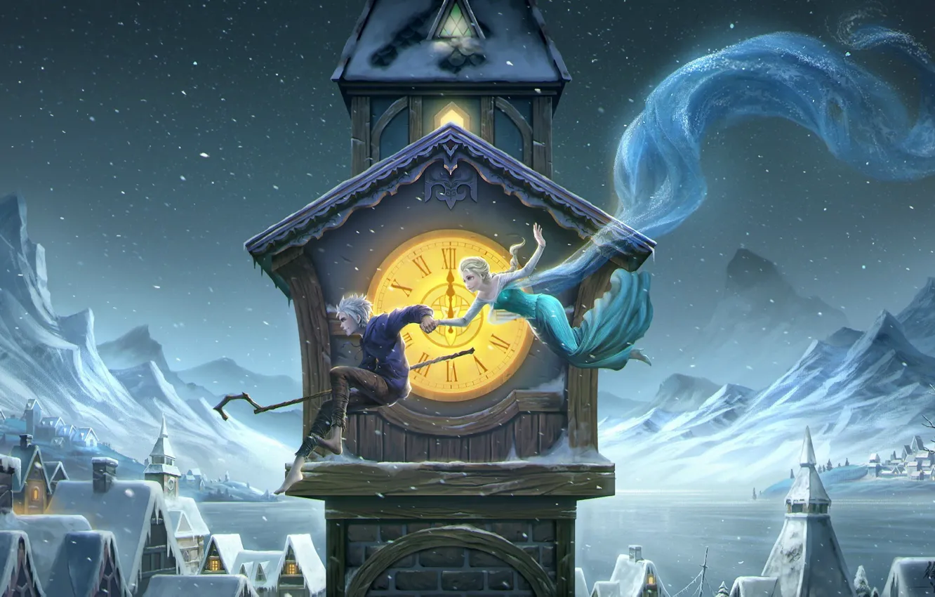 Фото обои зима, девушка, ночь, башня, парень, art, frozen, полночь