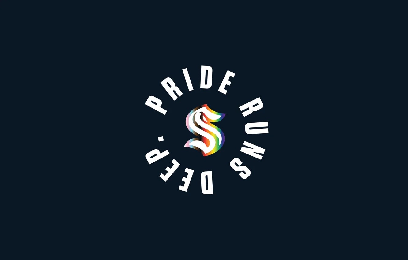 Фото обои логотип, девиз, NHL, темно-синий фон, хоккейный клуб, Seattle Kraken, Сиэтл Кракен, Pride Runs Deep