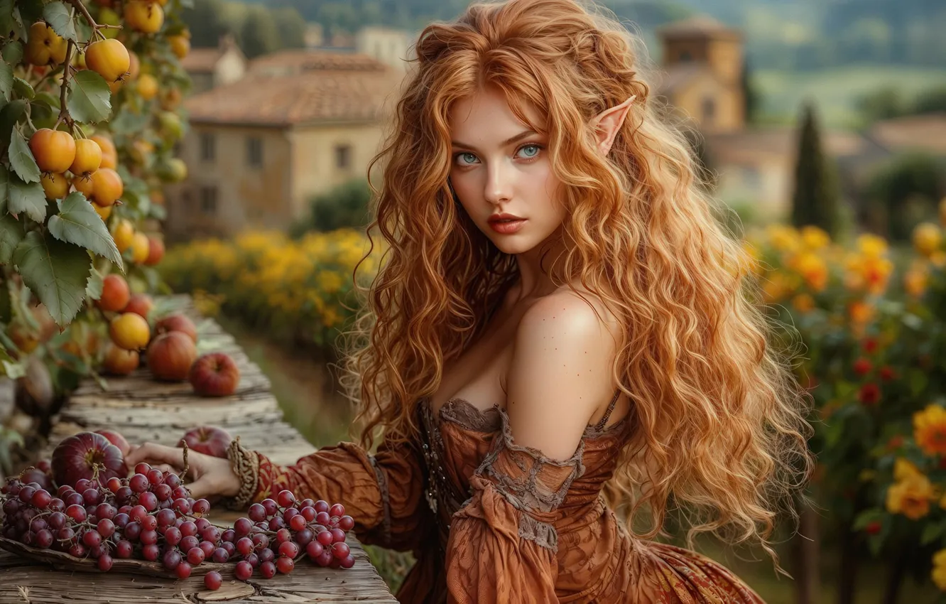 Фото обои виноград, фрукты, эльфийка, сбор урожая, digital art, цифровое искусство, ИИ арт, Stability AI