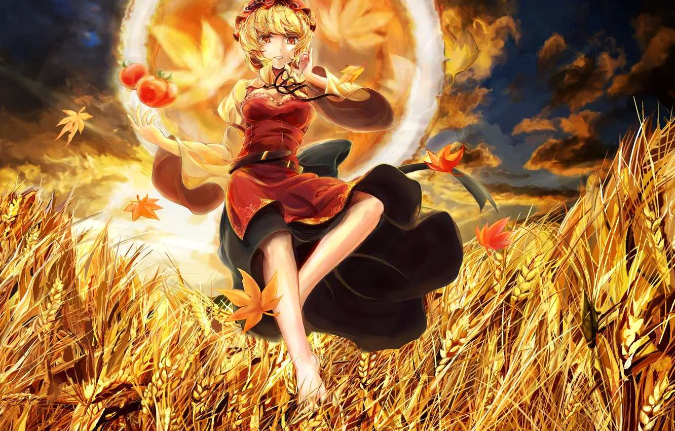 Фото обои пшеница, поле, осень, листья, девушка, урожай, арт, колосья