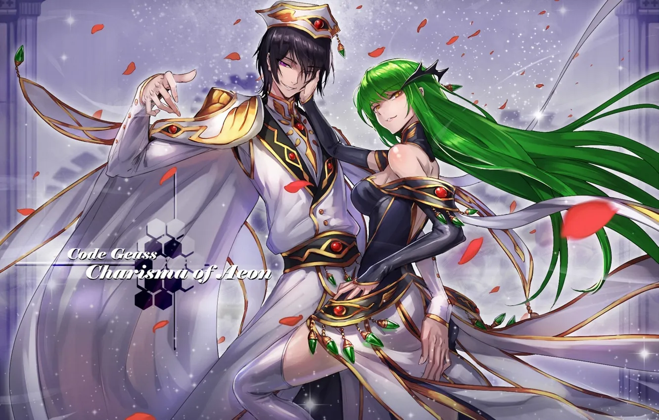 Фото обои девушка, арт, парень, code geass, lelouch lamperouge, ryuuzaki itsu, зеленые волосы? лепестки