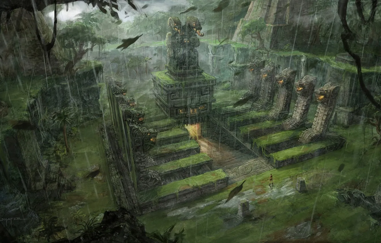 Фото обои трава, листья, деревья, драконы, джунгли, храм, ловушка, lara croft