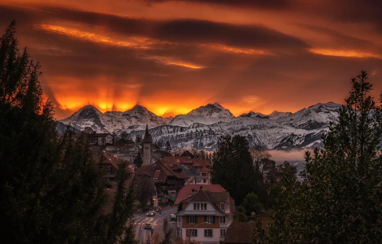 Фото обои Switzerland, sunrise, Bern, Hilterfingen village