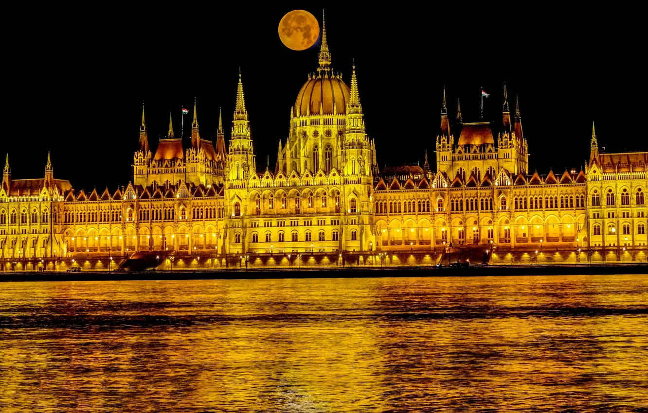 Фото обои огни, Луна, Парламент, Венгрия, Будапешт