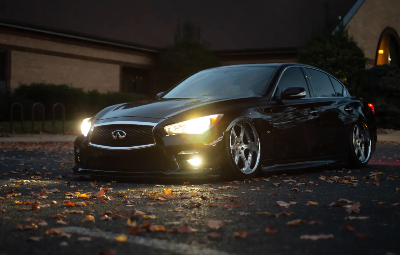 Фото обои Infiniti, House, Black, Autumn, Road, Stance, Q50, Infiniti Q50