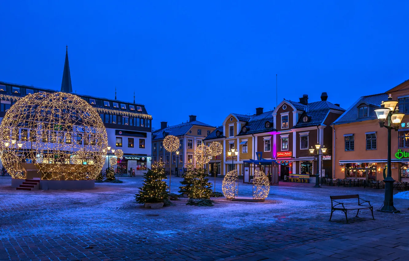 Фото обои здания, дома, Рождество, фонари, Швеция, ночной город, Sweden, Linköping