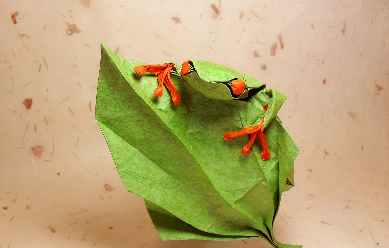 Фото обои глаза, листья, зеленый, green, лягушка, оригами, frog, eyes