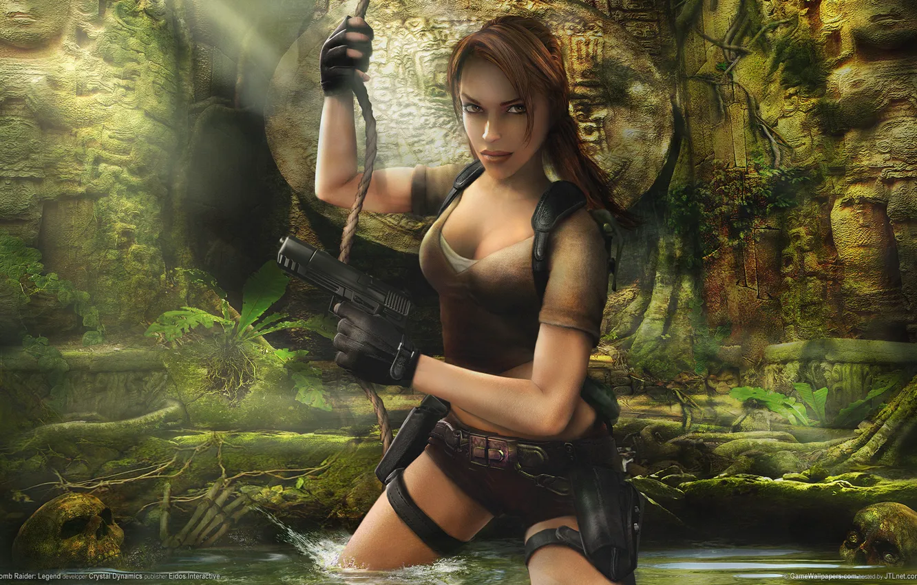 Фото обои девушка, оружие, джунгли, иероглифы, черепа, пещера, guns, girl