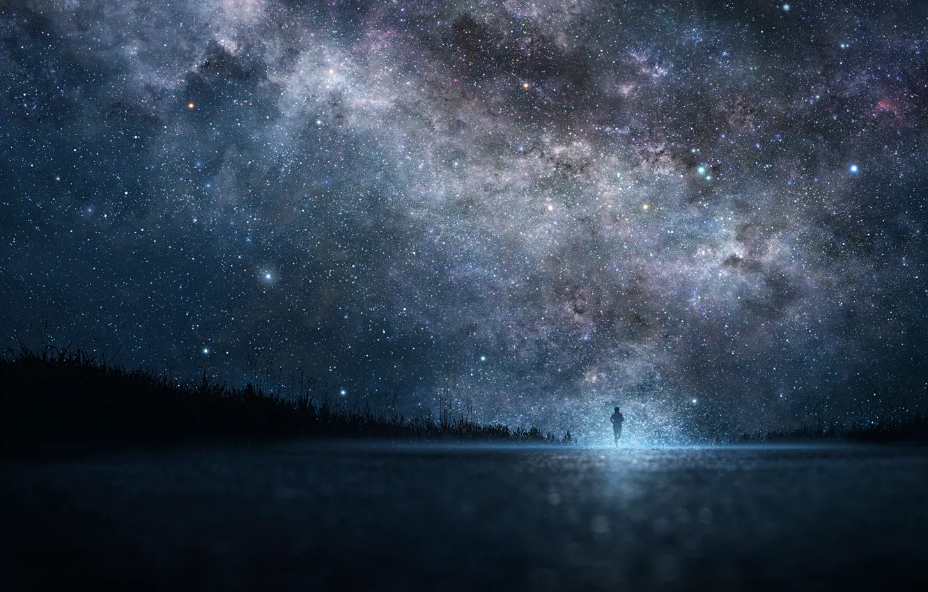 Фото обои небо, звезды, ночь, арт, парень, iy tujiki