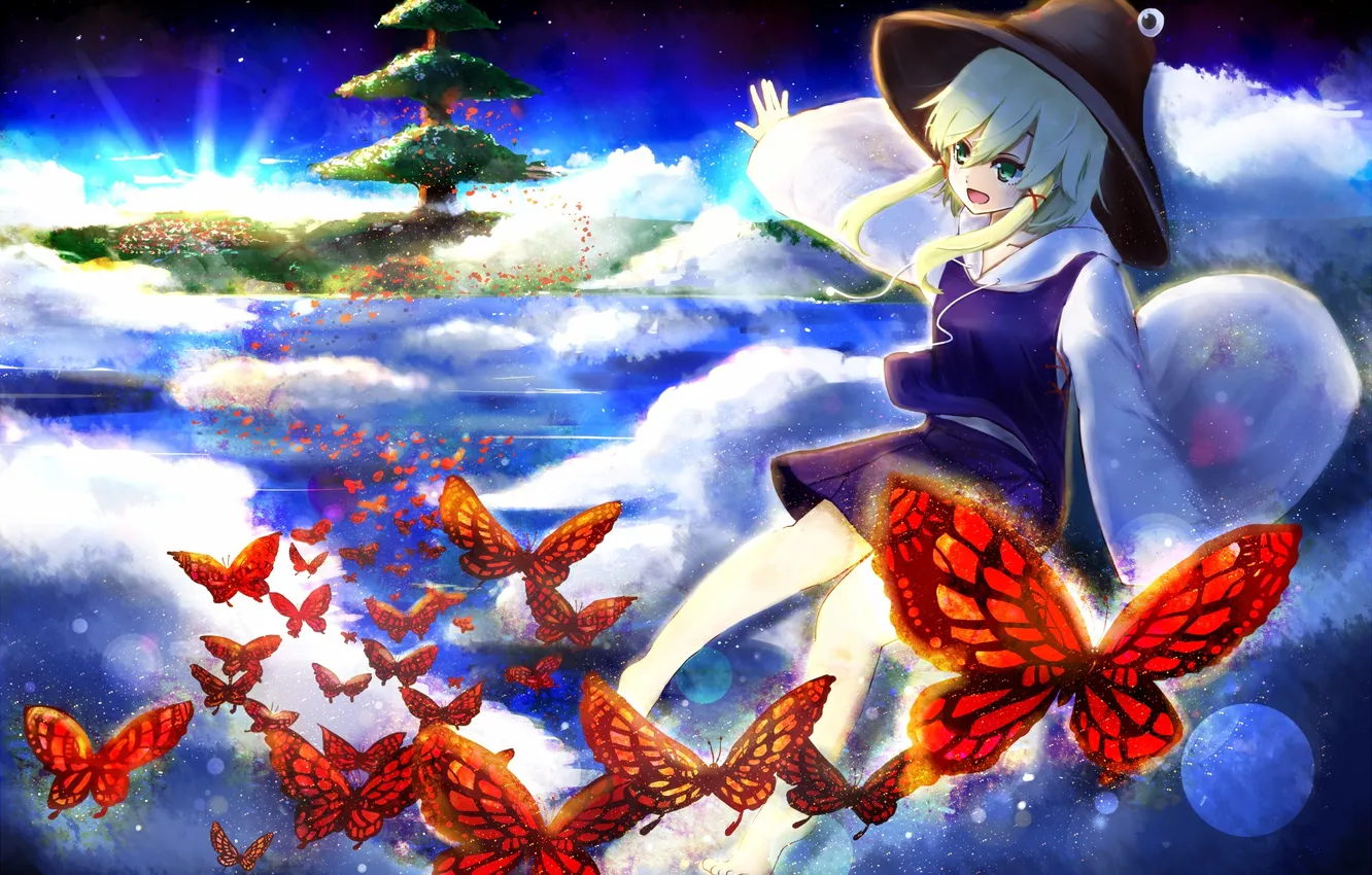 Фото обои девушка, облака, полет, бабочки, радость, дерево, магия, touhou