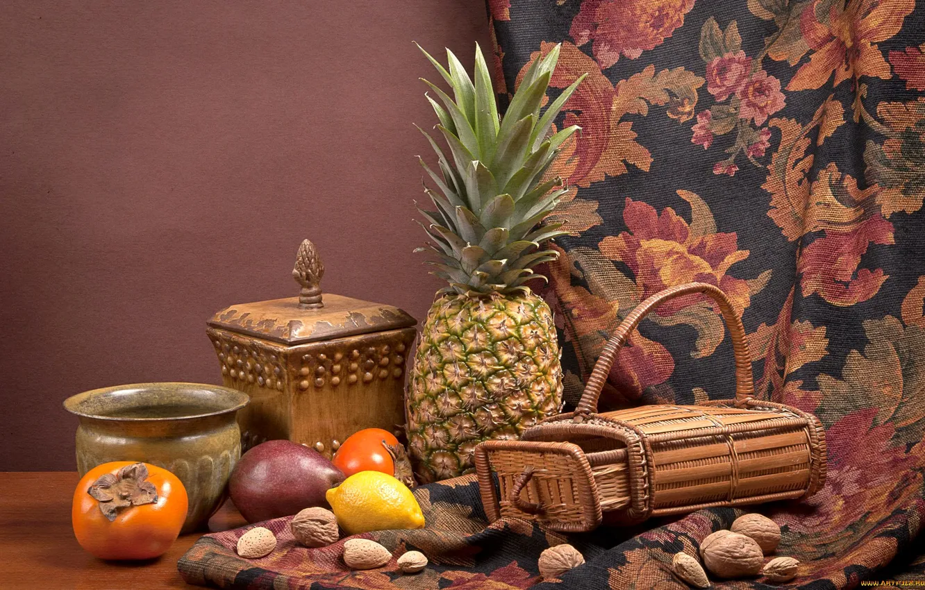 Фото обои лимон, ткань, ананас, орехи, натюрморт, хурма