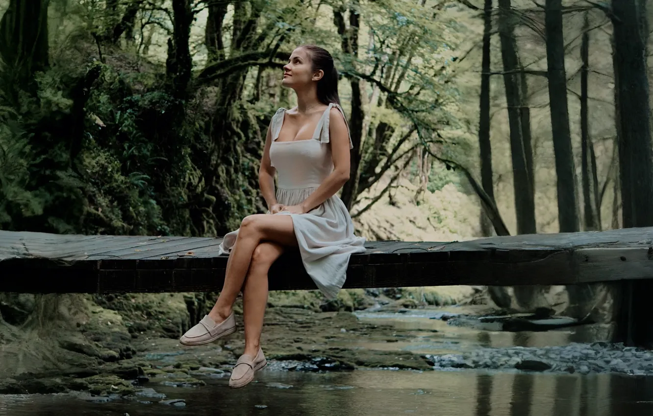 Фото обои girl, forest, river, legs, photography, nature, woman, bridge