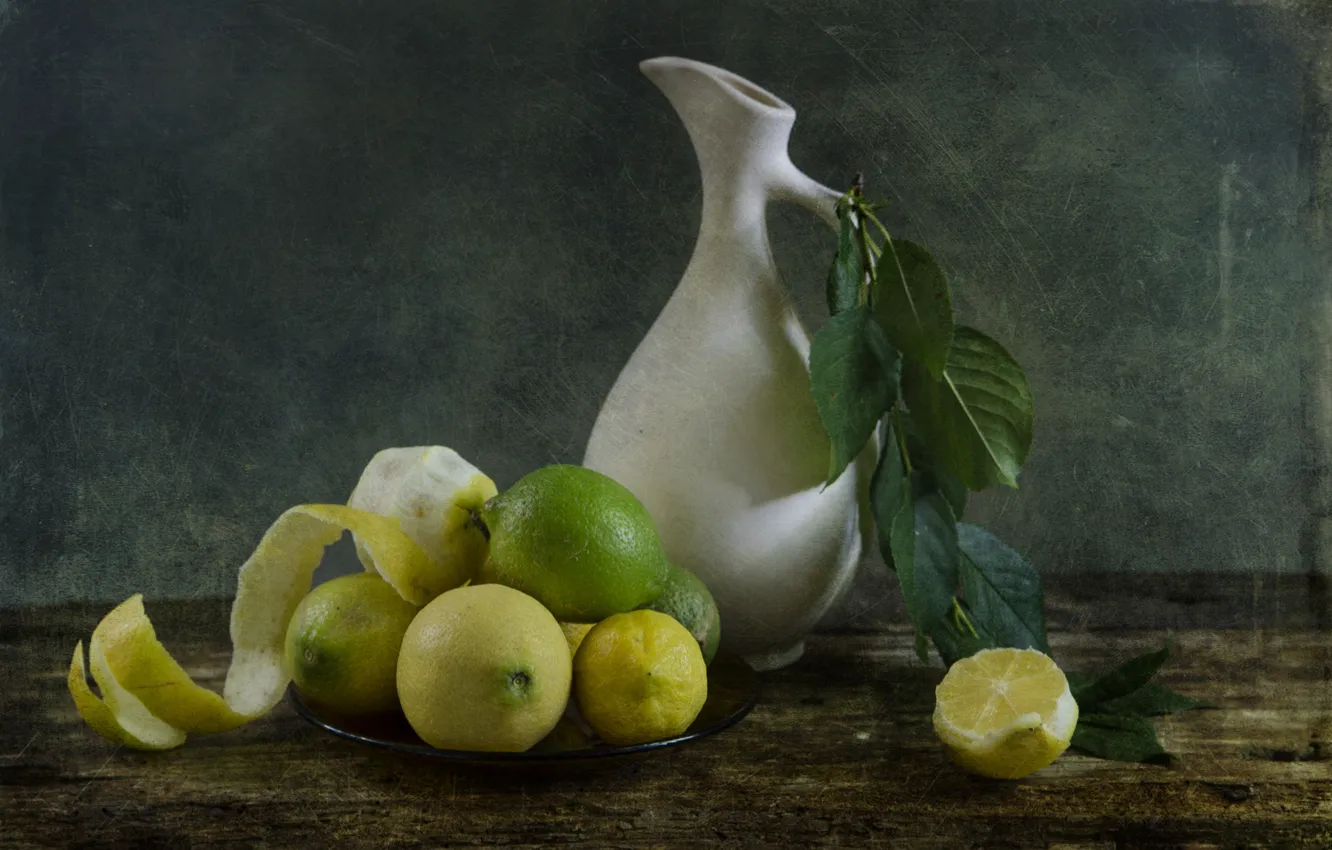 Фото обои лимон, ветка, лайм, кувшин, цитрусы