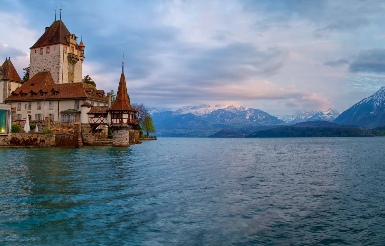 Фото обои горы, озеро, замок, Швейцария, Альпы, Switzerland, Alps, Lake Thun