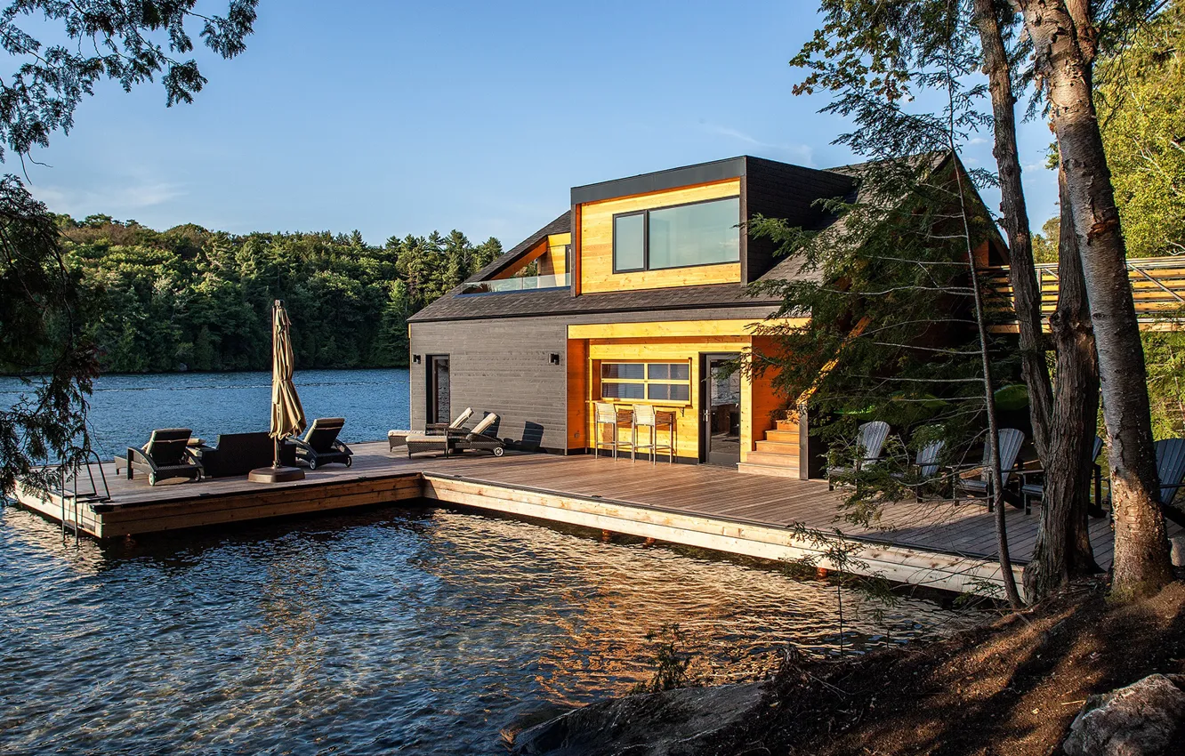 Фото обои озеро, вилла, архитектура, терраса, дом на воде, exterior, Boathouse, featured