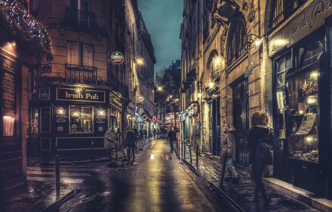 Фото обои Paris, night, France, street, people, lamps, cityscape, walking