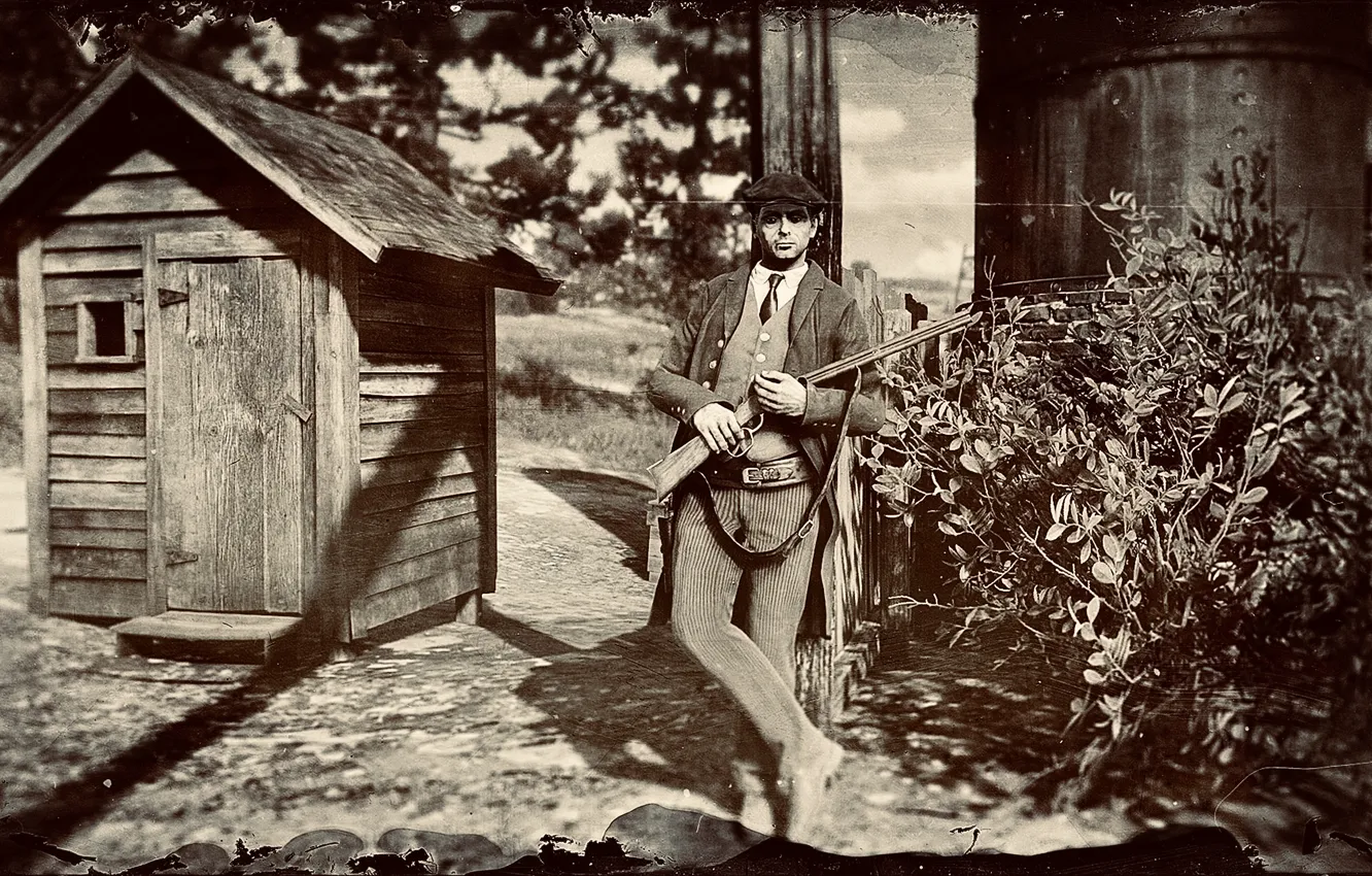Фото обои HDR, House, Gun, Game, Bush, UHD, Bandit, Red Dead Redemption 2