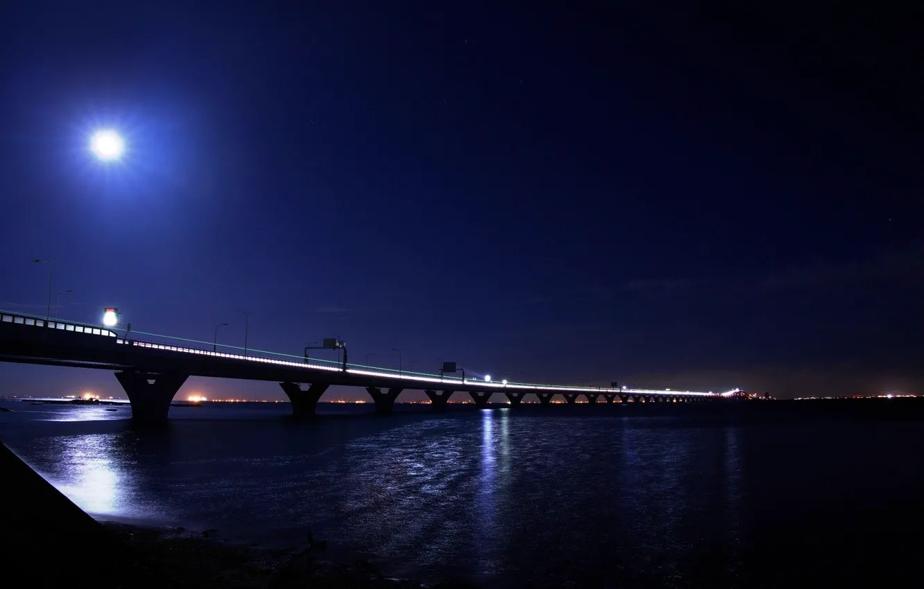 Фото обои свет, ночь, мост, город, огни, луна, light, moon