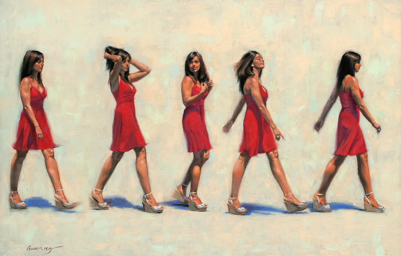 Фото обои девушка, красное, картина, платье, брюнетка, арт, походка, Gavin Glakas