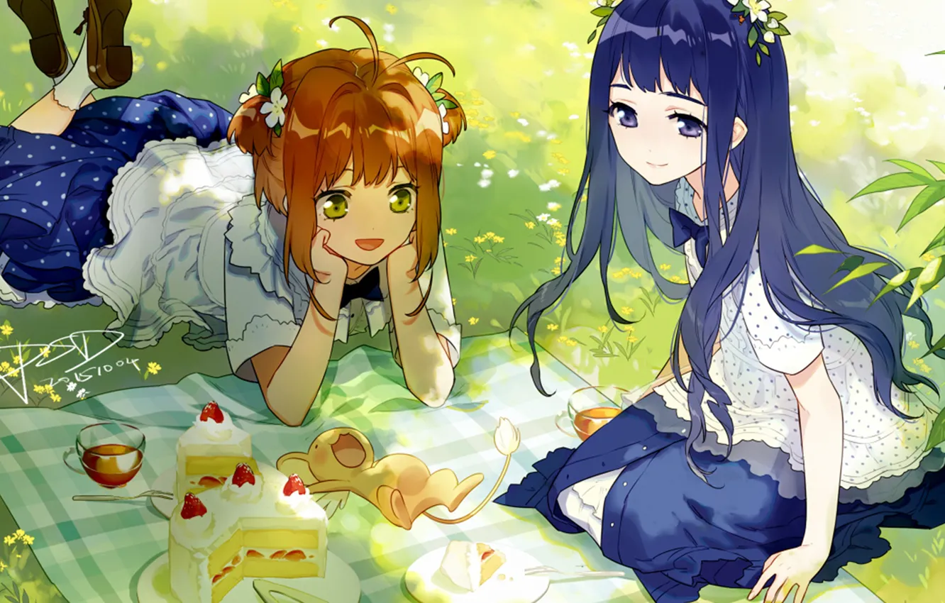 Фото обои девочки, пикник, Card Captor Sakura, зверёк, Сакура - собирательница карт