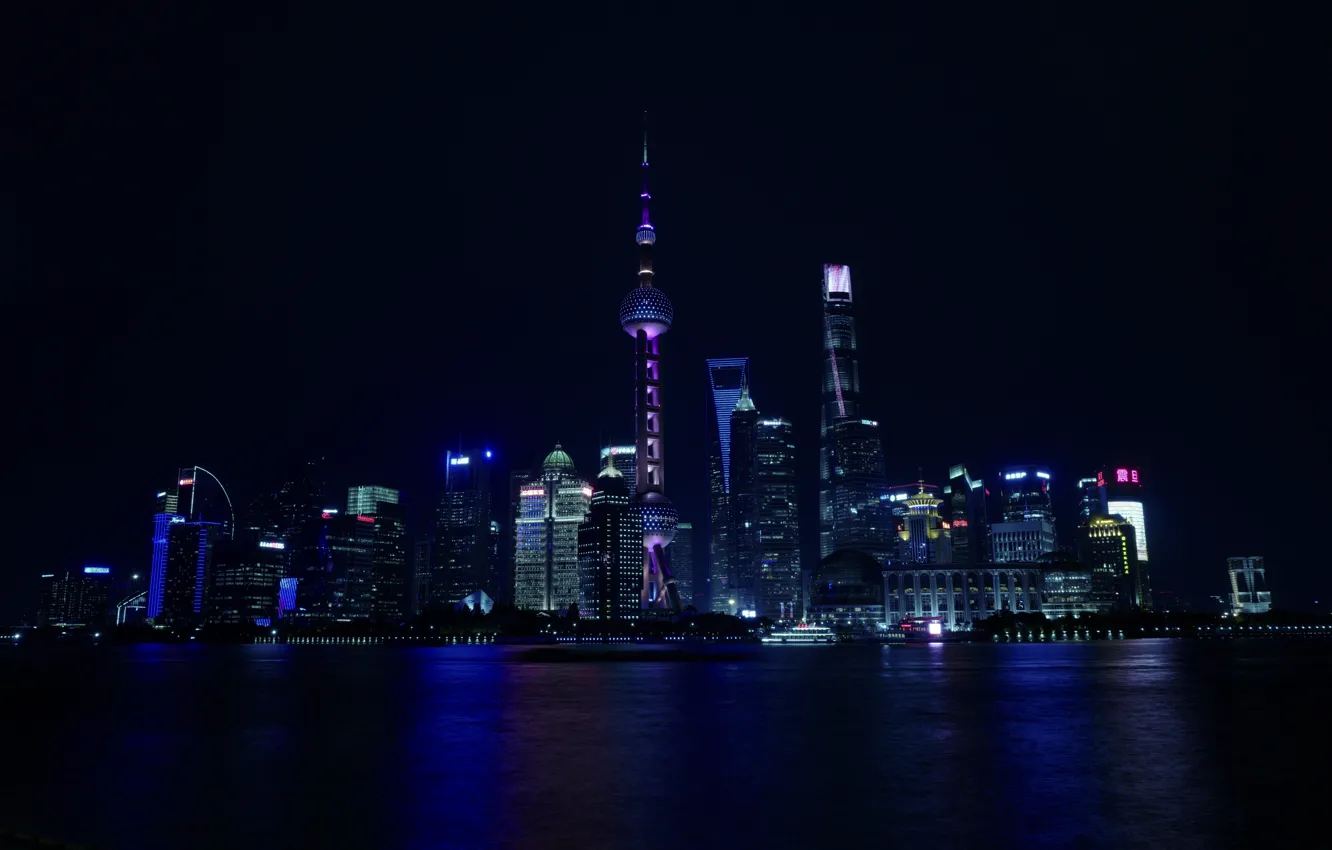 Фото обои China, Shanghai, World, Night, Reflection, Cityscape, City lights