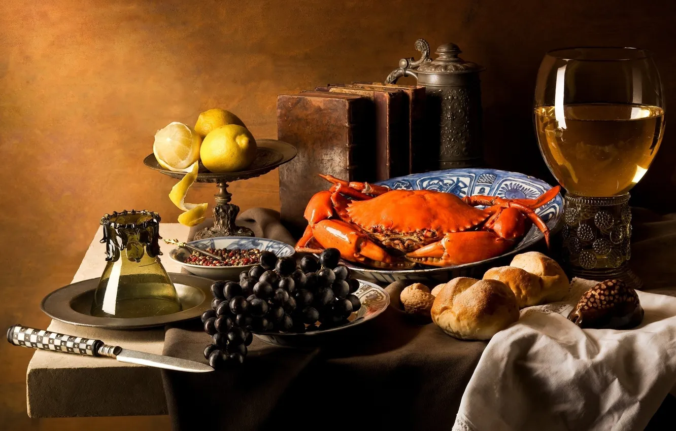 Фото обои вино, лимон, бокал, краб, еда, арт, хлеб, виноград