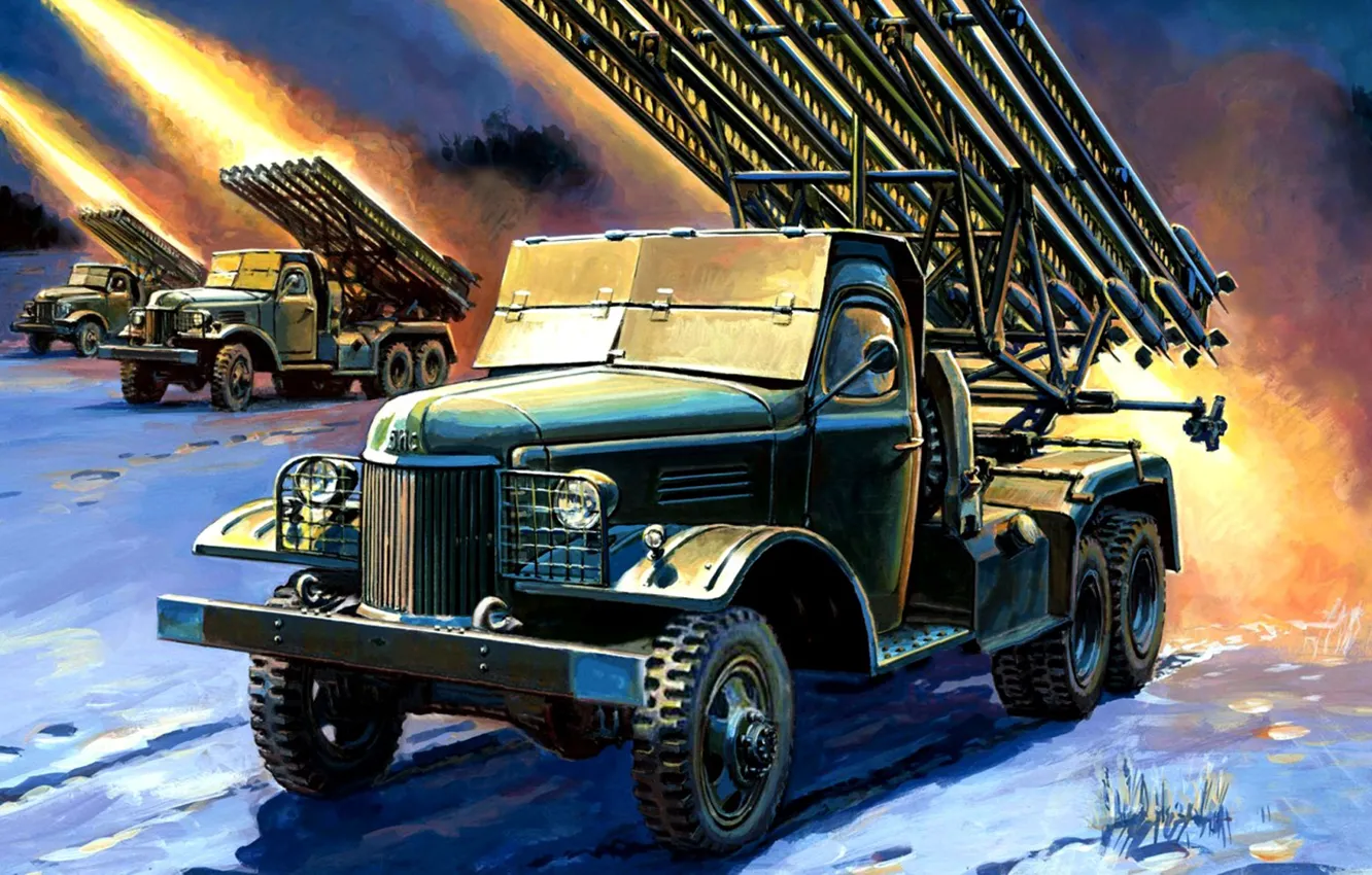 Фото обои рисунок, арт, залп, пуск, Жирнов, Катюша, БМ-13, советская боевая машина реактивной артиллерии
