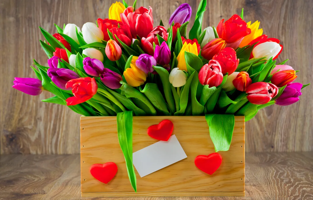 Фото обои букет, colorful, тюльпаны, love, fresh, wood, flowers, romantic