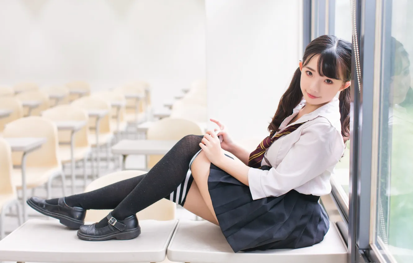 Фото обои Girl, Asian, schoolgirl, knee socks