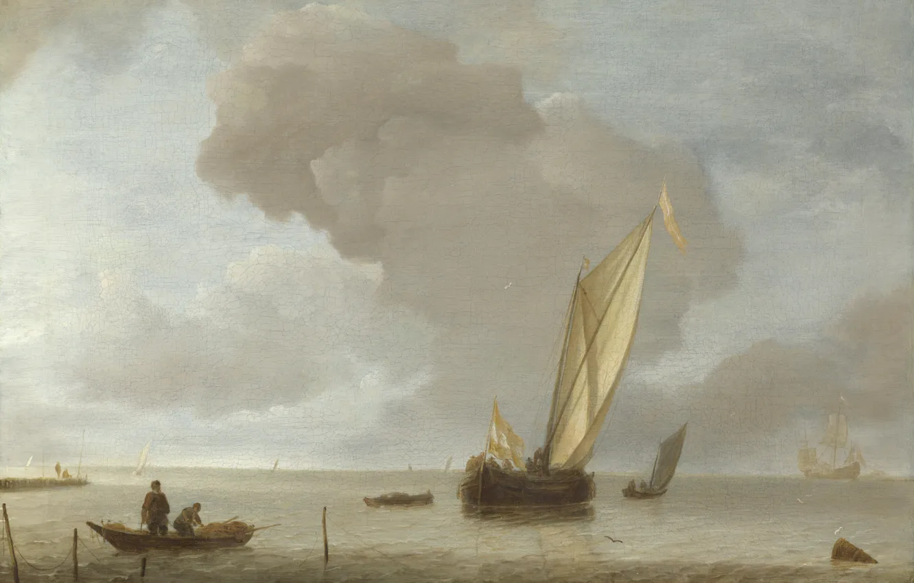 Фото обои корабль, картина, парус, Jan van de Cappelle, Ян ван Каппель, A Small Dutch Vessel before …