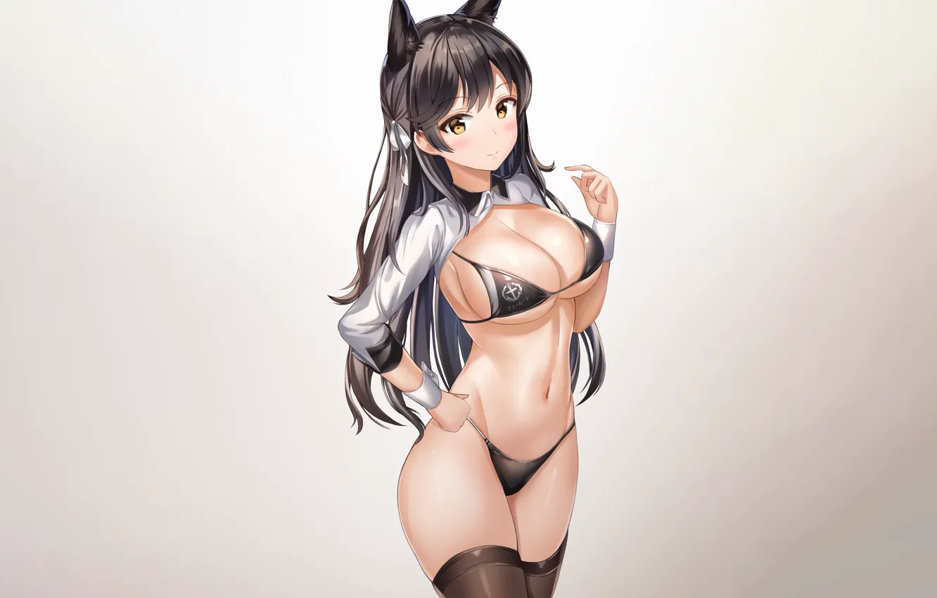 Фото обои girl, sexy, cleavage, thighhighs, long hair, brown hair, boobs, animal ears