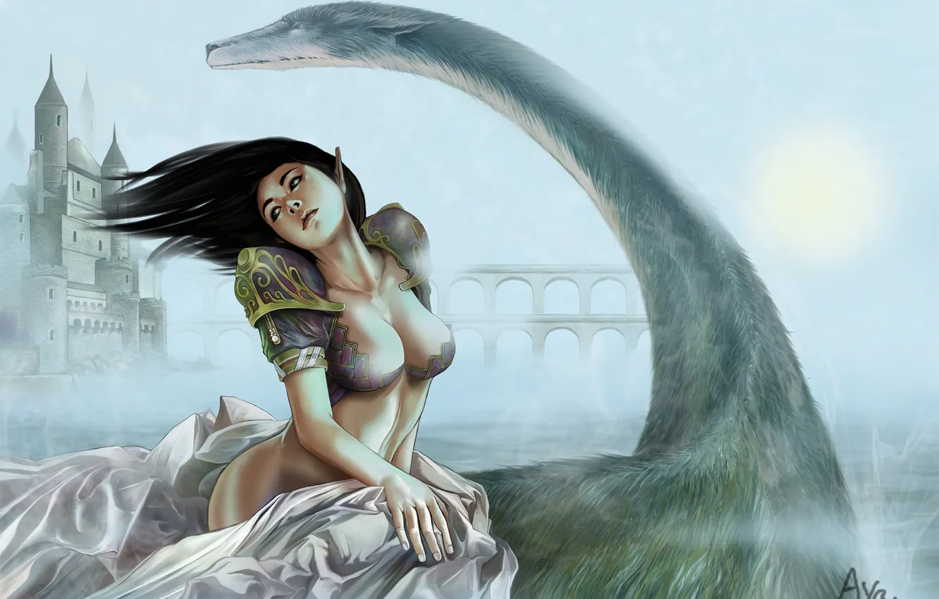 Фото обои грудь, девушка, мост, озеро, замок, ветер, существо, арт