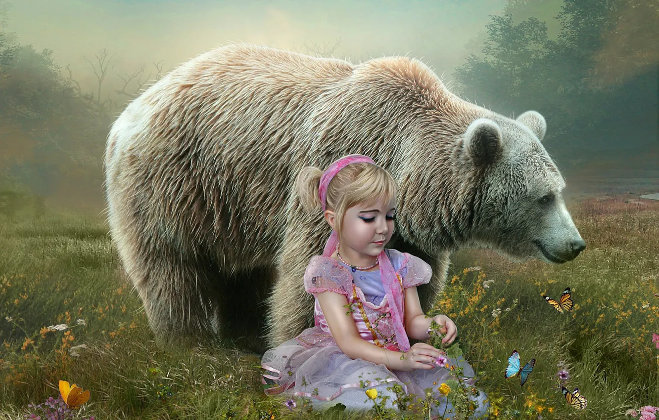 Фото обои бабочки, цветы, медведь, луг, девочка