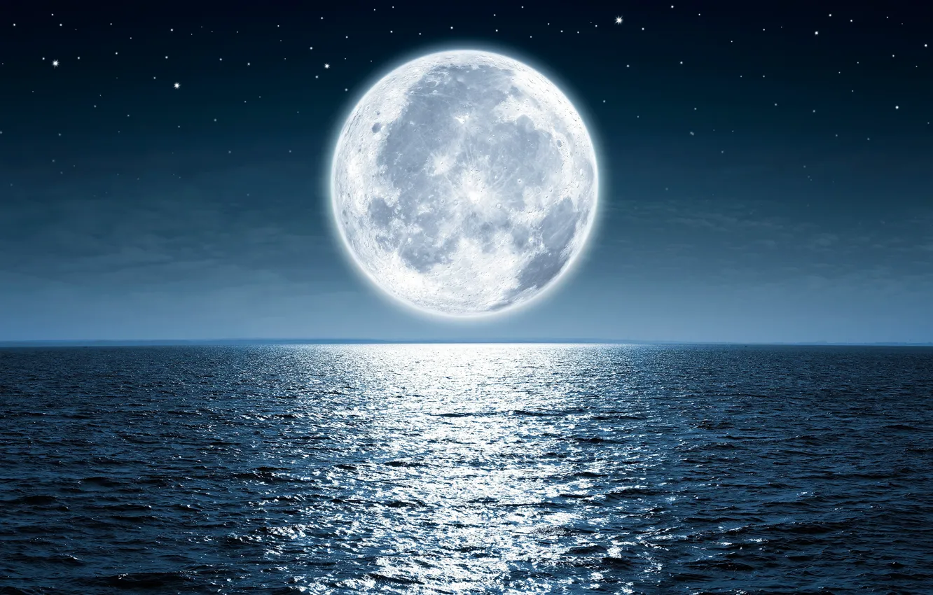 Фото обои небо, звезды, свет, ночь, океан, луна