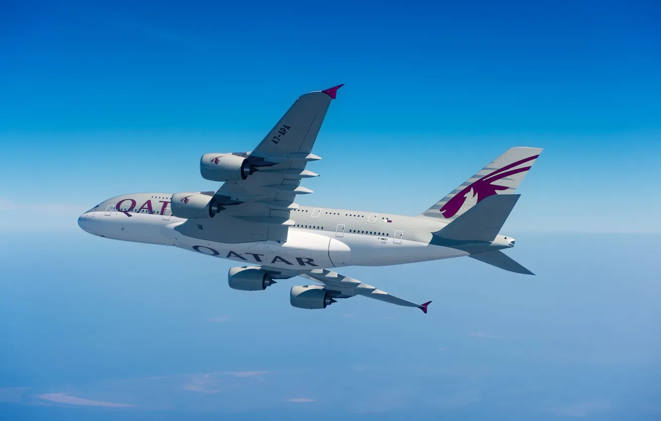 Фото обои Облака, A380, Airbus, Qatar Airways, Крыло, Airbus A380, Пассажирский самолёт, Airbus A380-800