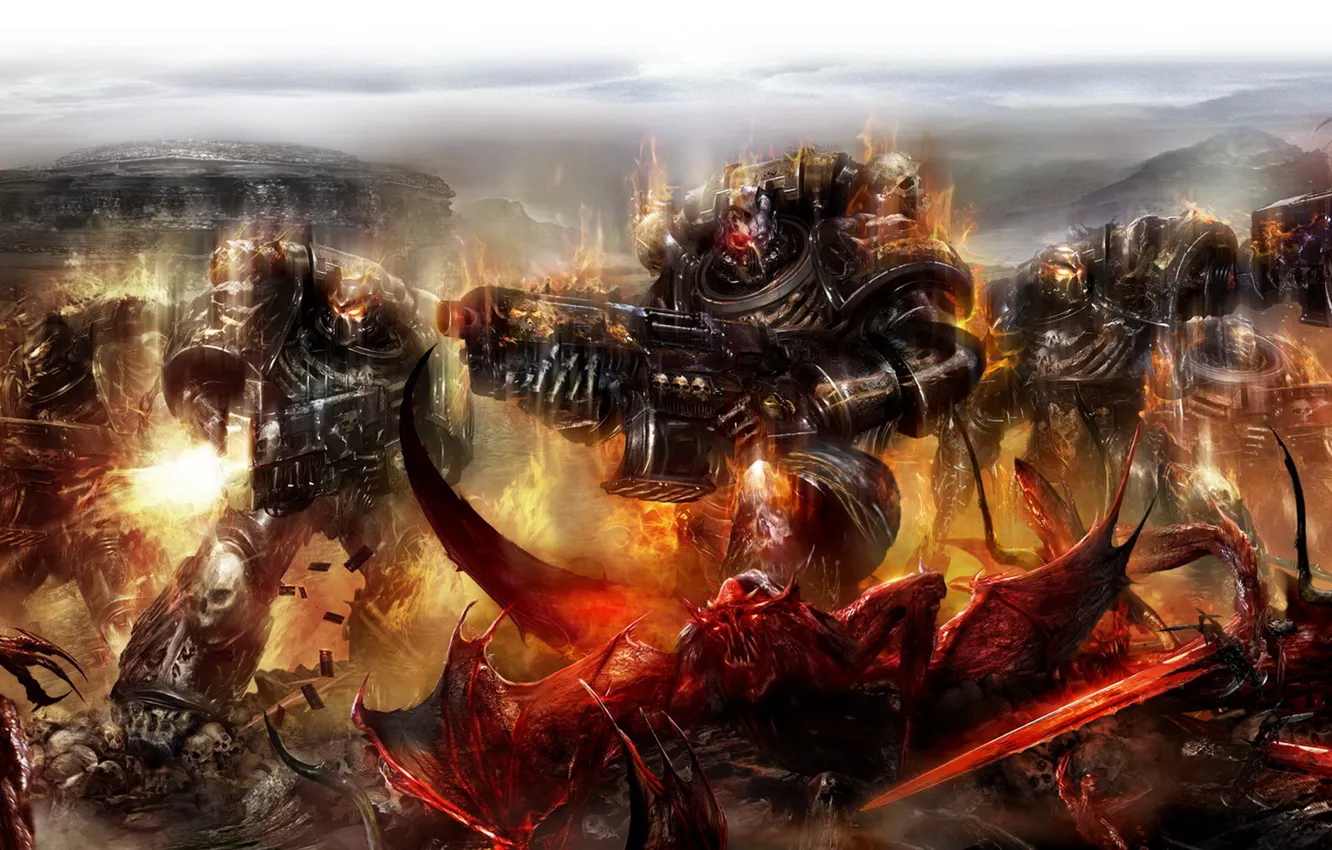 Фото обои оружие, огонь, монстры, Warhammer, десант, выстрелы, силовая броня