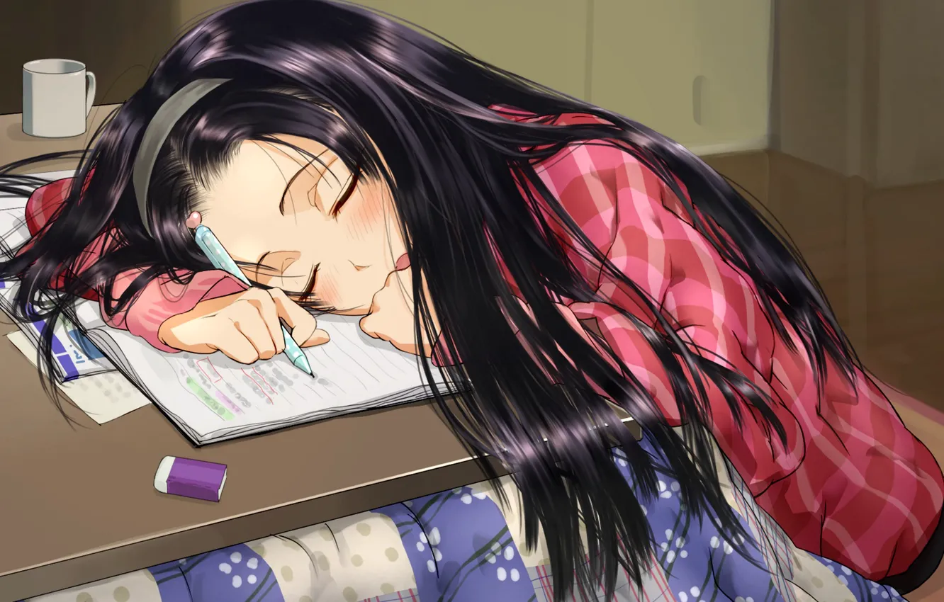 Фото обои девушка, аниме, арт, ручка, спит, кружка, плед, тетрадь