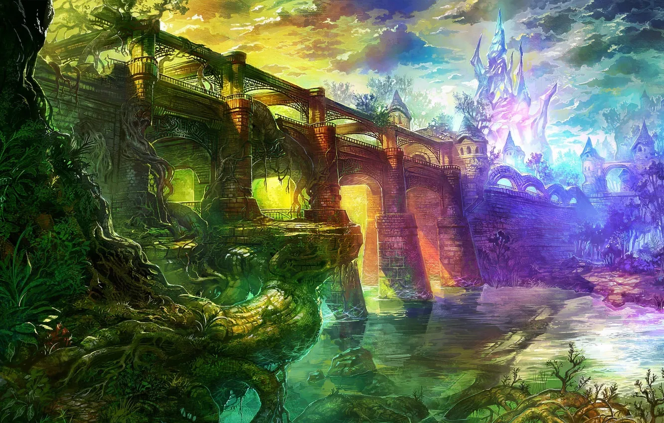 Фото обои мост, город, река, башня, арки, фантастический мир, Majin and the Forsaken Kingdom