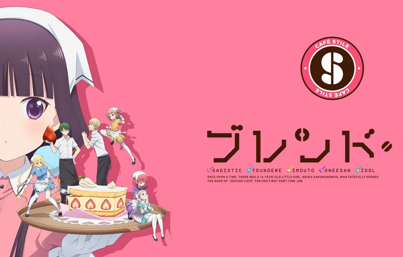 Фото обои парни, розовый фон, персонажи, поднос, фартук, клубничный торт, Blend S, by Nakayama Miyuki