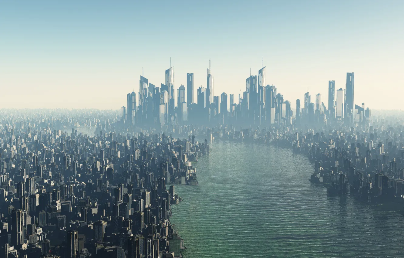 Фото обои город, будущее, река, небоскребы, мегаполис, футуристичность