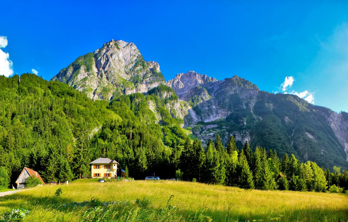 Фото обои природа, Горы, домики, швейцария, Bovec