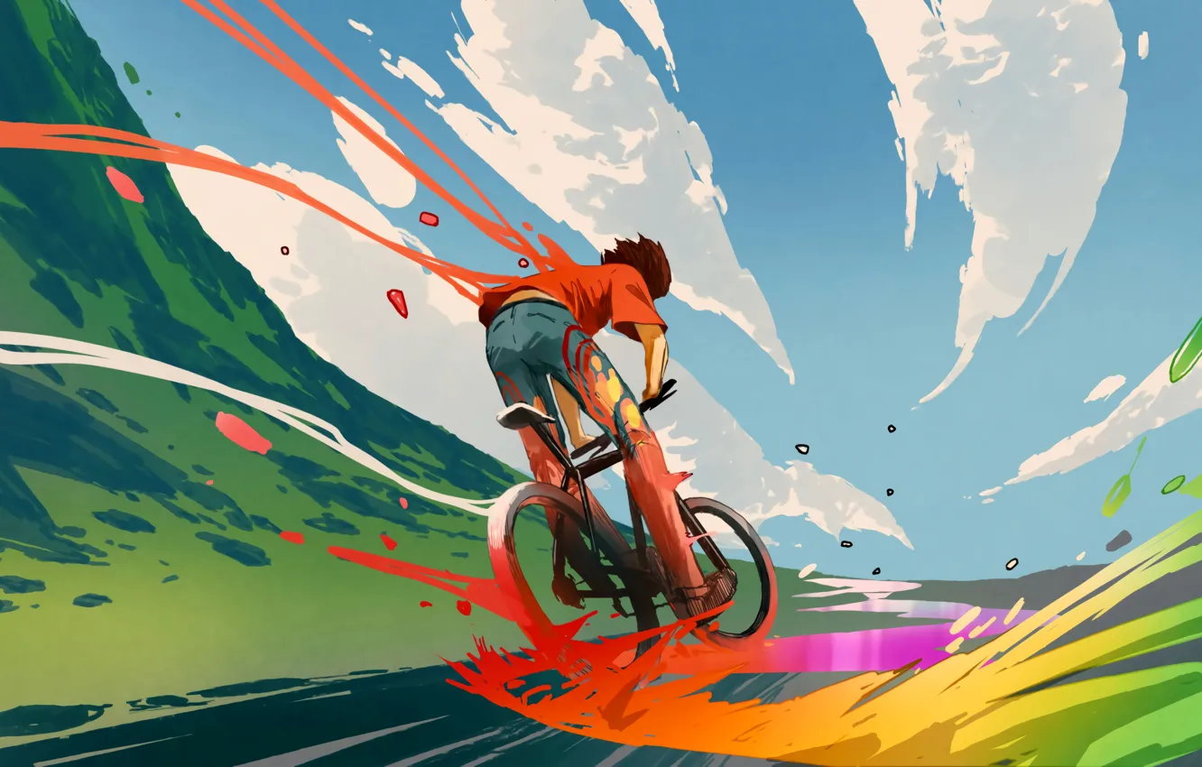 Фото обои Fantasy, Clouds, Sky, Digital Art, Colors, Bicycle, Road, Travel