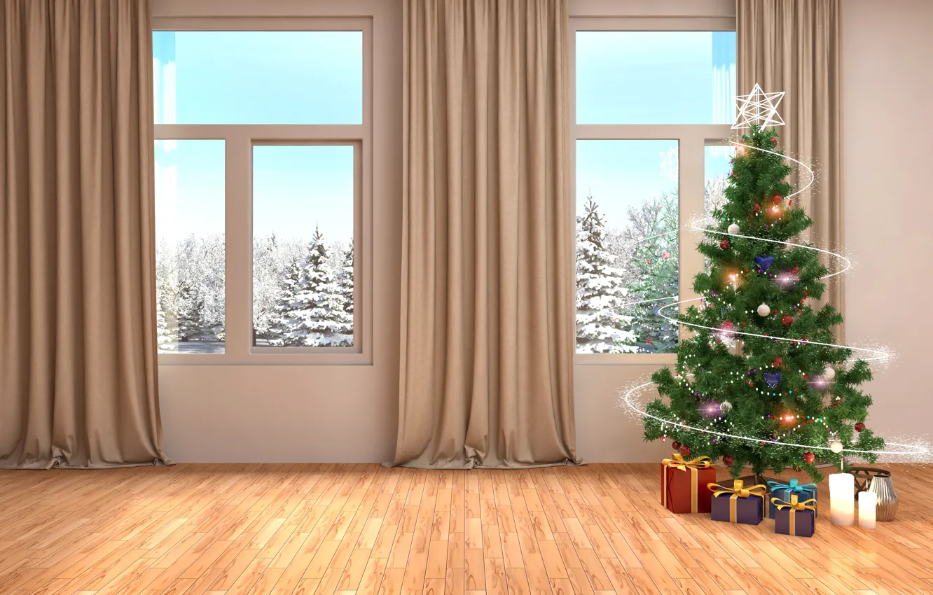Фото обои зима, елка, интерьер, окно, Новый год