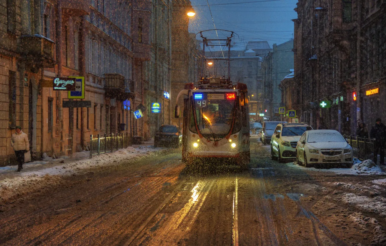Фото обои снег, улица, Санкт-Петербург, трамвай