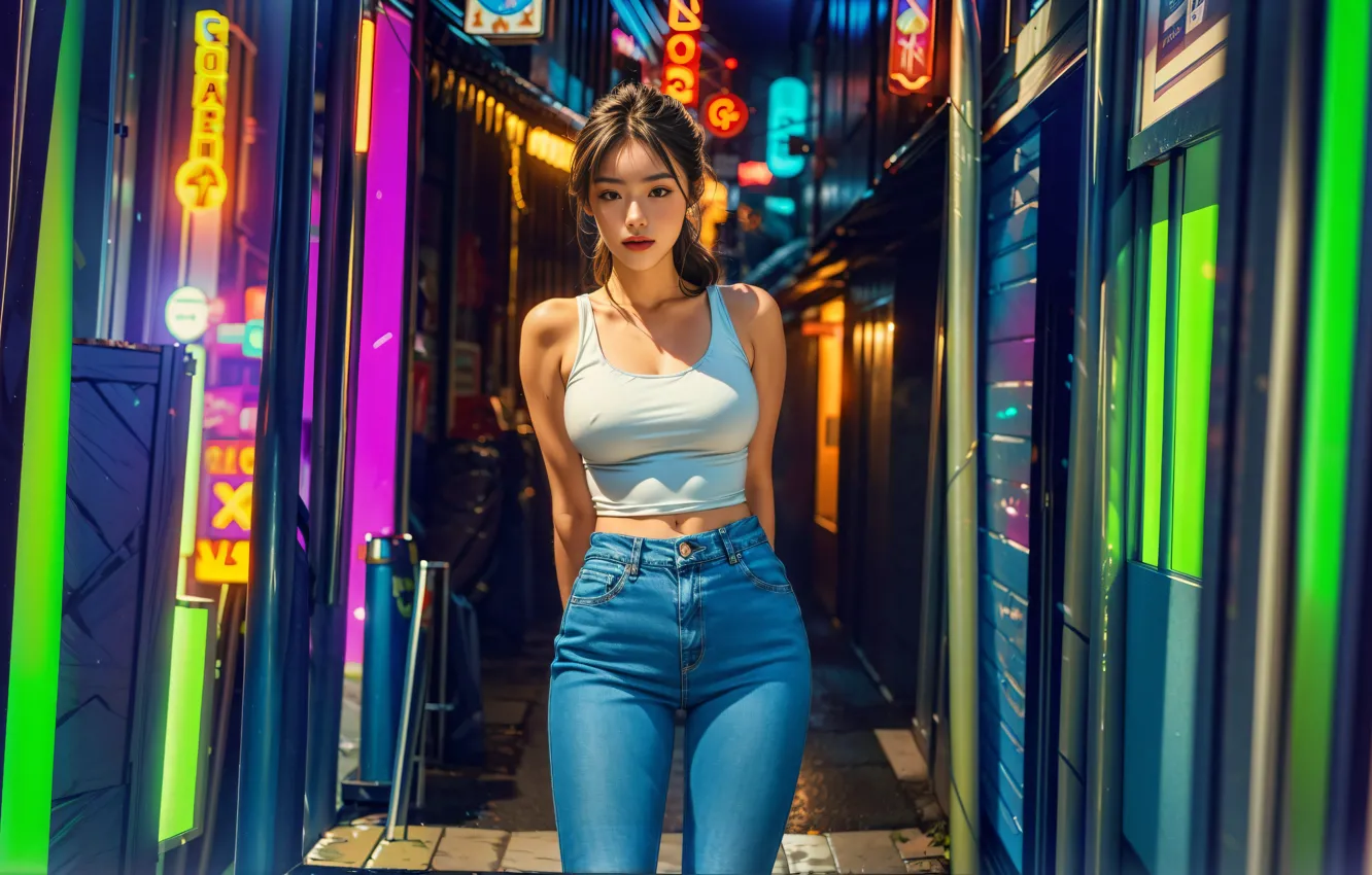 Фото обои lights, Asian, women, jeans, digital art, standing, belly button, tank top