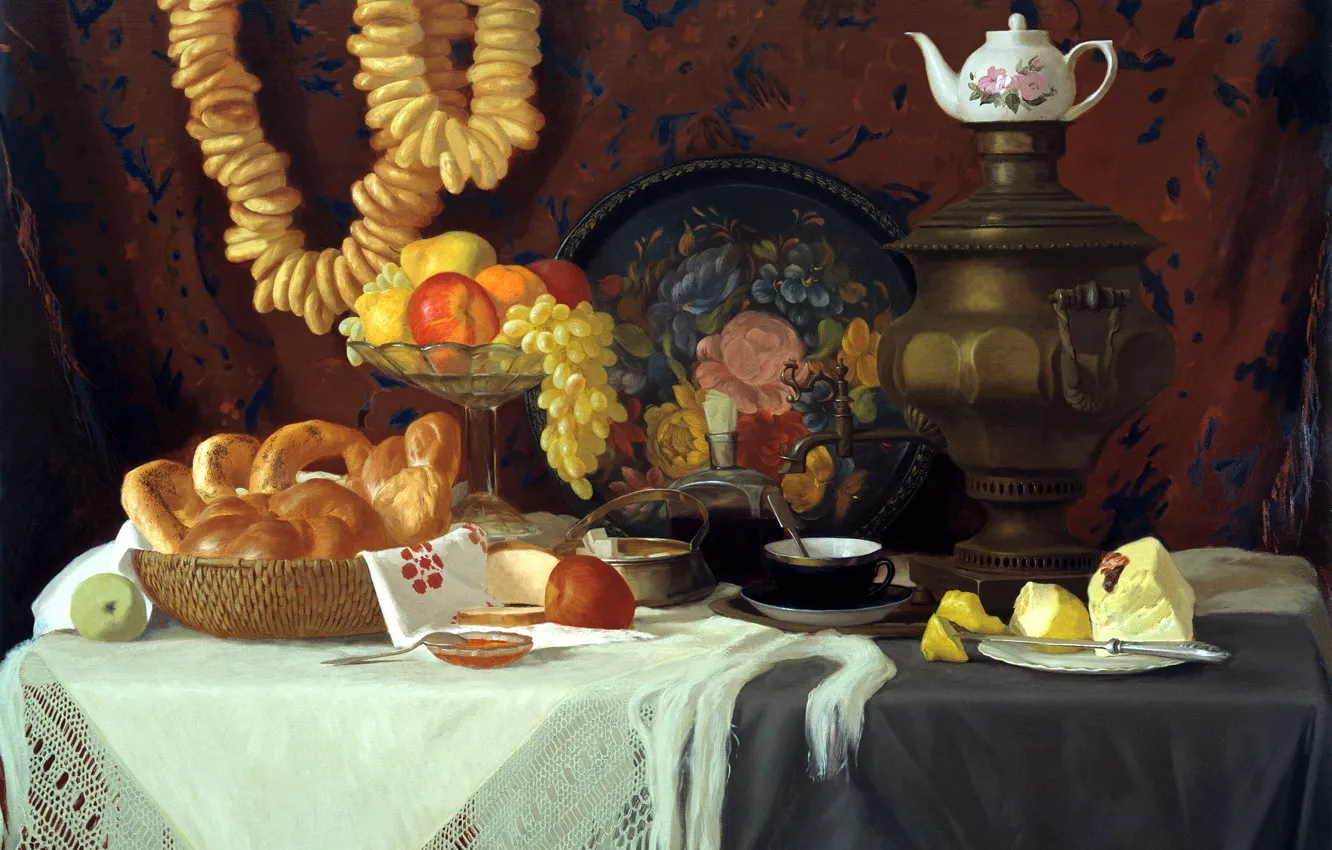 Фото обои чай, яблоки, масло, картина, арт, виноград, художник, ваза