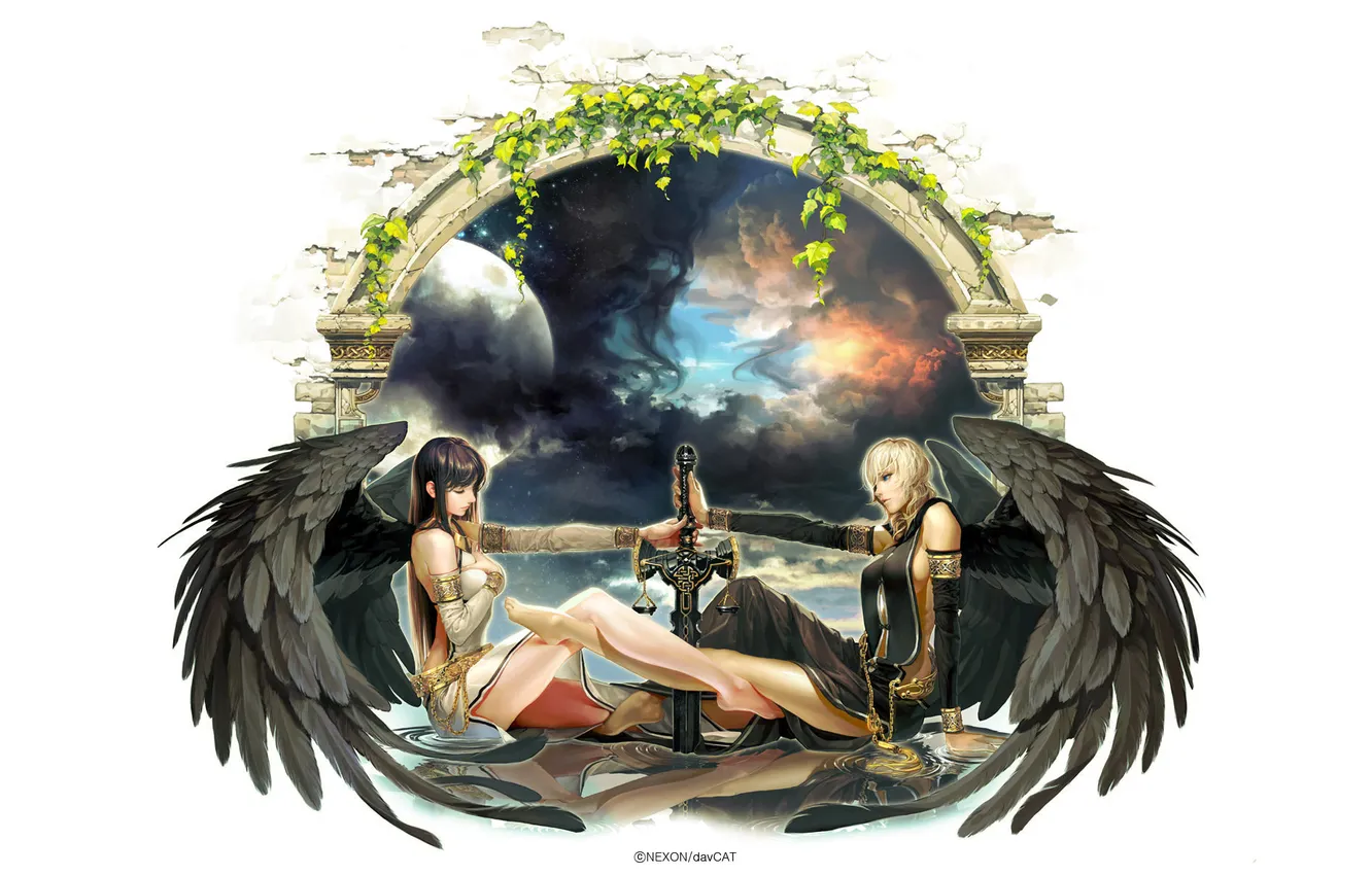 Фото обои небеса, Девушки, меч, ангелы, арка